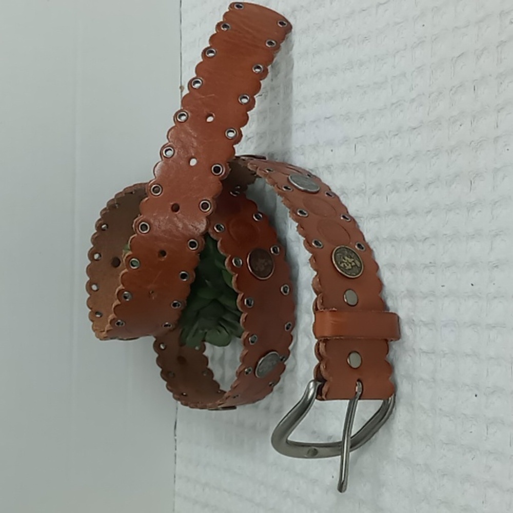 Fossil Brown Leather Belt With Coin Details Scalloped Edges And Grommets Size M - Picture 14 of 14